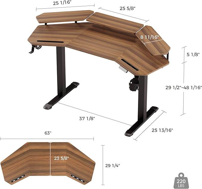 EUREKA ERGONOMIC Standing Gaming Desk with Dual Motor63 Wing Shaped Computer Desk w Mouse Pad Electric Adjustable Height Table w LED Monitor StandsSlot DesignWalnut