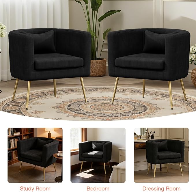 Velvet Accent Chair Modern Barrel Armchair with Lumbar Pillow &amp Gold Legs Upholstered Club Chairs for Living Room/Bedroom/Guest Reception Black