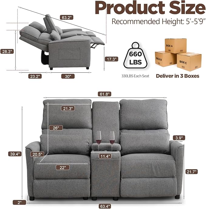 MANBUR Push-Back Reclining Loveseat with Console Loveseat Reclining Sofa Home Theater Seating RV Recliner Sofa Recliners Double Recliner Couch with Storage Pockets &amp Cup Holders Gray