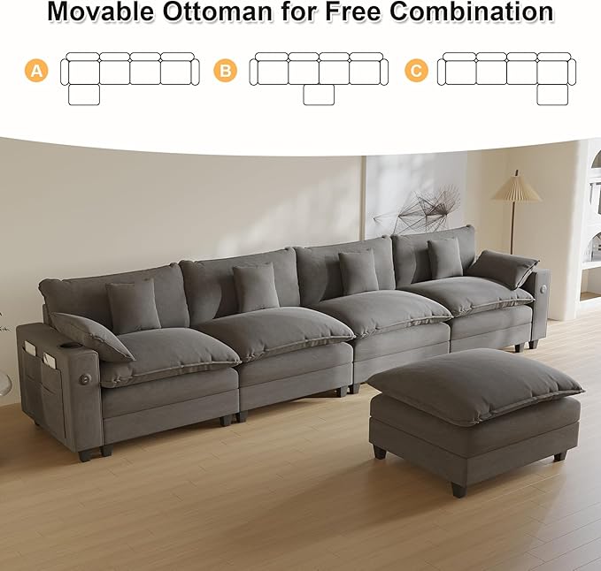 152 L Shaped Sectional Couch Chenille Sectional Couches for Living Room Modular Cloud Couch with Movable Ottoman Modern Cloud Sofa with Charging Station Cup Holder Side Pocket Grey