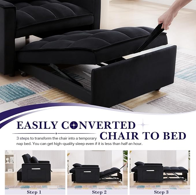 Antetek Sleeper Sofa Chair Bed Convertible Velvet Single Pull Out Sofa Chair Modern Tufted Living Room Reading Chair with Adjustable Backrest/Pillow for Small Space Apartment Office Black