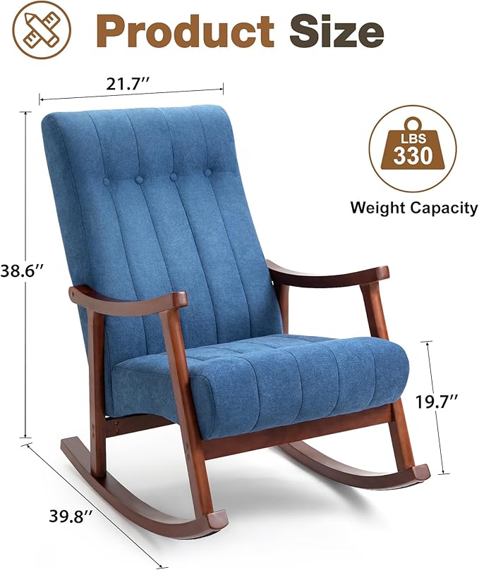 AVAWING Upholstered Rocking Chair with Fabric Padded Seat Comfortable Rocker Solid Wood for Living Room Modern High Back Armchair for Adult (Blue)