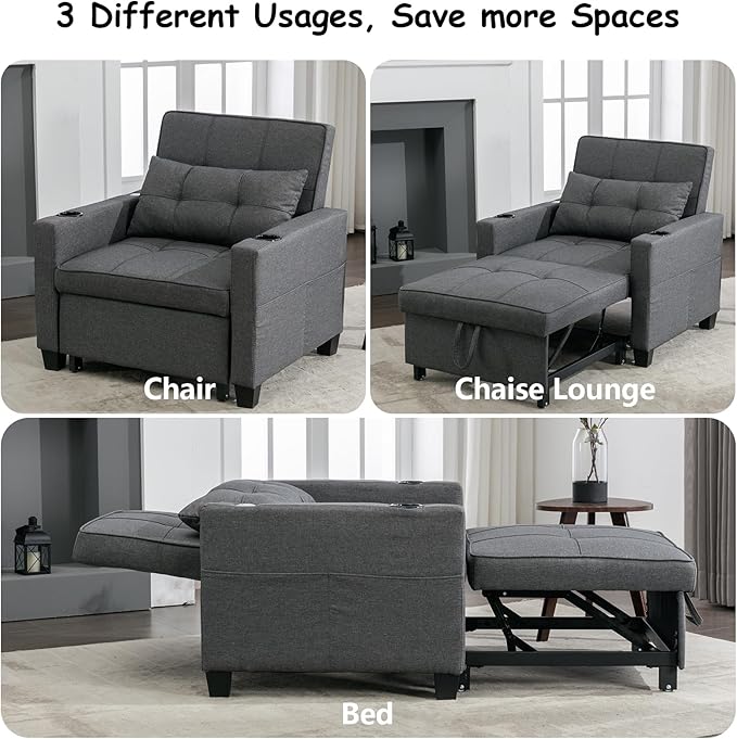 Sleeper Chair Bed Convertible Chair Bed Pull Out Chair Beds with USB Charging &amp Cupholders Adjustable Backrest Leather Futon Chair Bed for Living Room Bedroom (Grey(Linen))