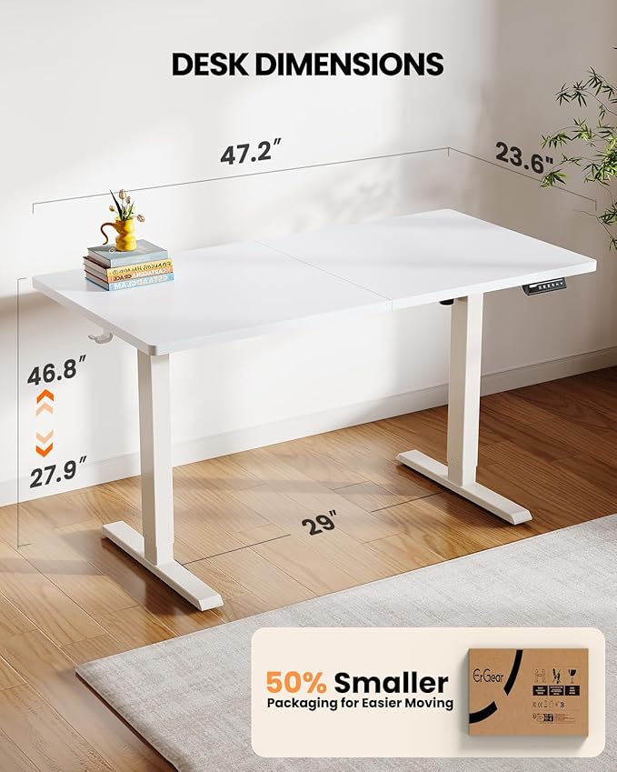 ErGear Electric Standing Desk 48 x 24 inch Height Adjustable Sit Stand Up Desk Computer Home Office Desk with 4 Memory Height Buttons Two Pieces Desktop White EGESD110W