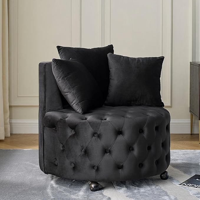 GNIXUU Swivel Barrel Accent Chair 30” Modern Velvet Round Swivel Chair with 3 Pillows and Wheels Comfy Tufted Single Club Sofa Lounge Chair for Living Room Bedroom(Black).