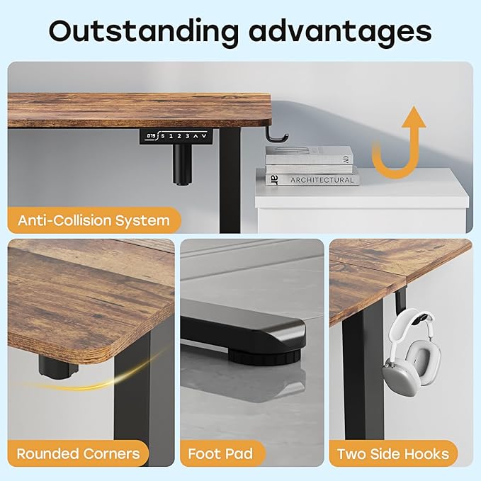 Small Standing Desk 35 ×20 Electric Standing Table Height Adjustable Compact Sit Stand Workstation with Splice Board Home Office Desk with 2 Hooks Rustic Brown