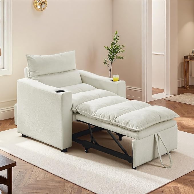 3-in-1 Convertible Sleeper Chair Pullout Sofa Bed with Cup Holders Lazy Sofa Bed with Adjustable Backrest Recliner Chair for Living Room Apartment Dorm or Office Beige