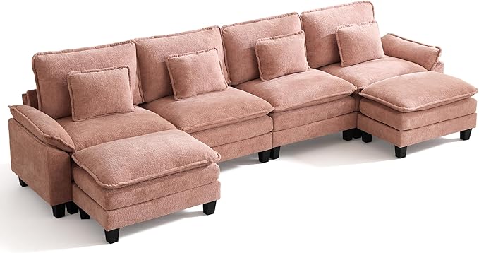 IPKIG 154 Modular Sectional Sofa Velvet U-Shaped Sectional Couch Comfy Upholstered Seat Sofa with Ottoman Deep Seat Cloud Couch Sofa for Living Room Pink | 2 Layer Cushion Cloud Couch Modular Se