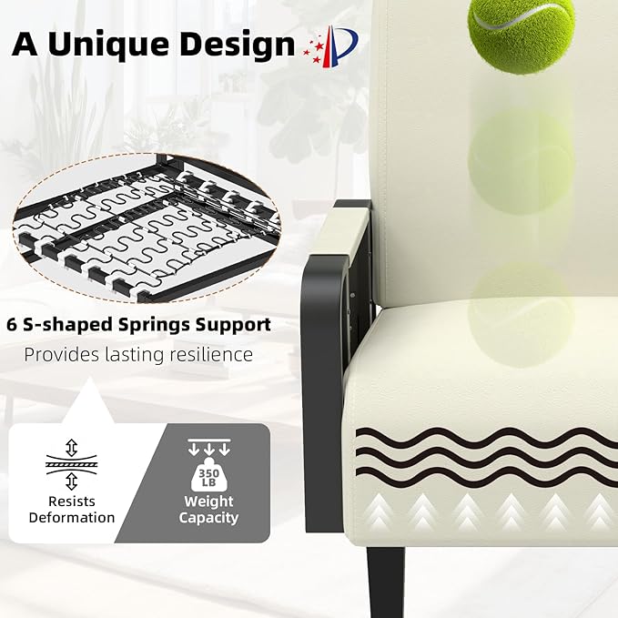 Faux Leather Accent Chair Modern Upholstered Armchair with Tray Table Comfy Reading Chair for Living Room Bedroom Guest Room Beige