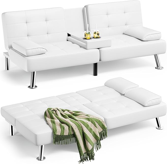 Homall Futon Sofa Bed Leather Futon Couch with Removable Armrests Adjustable Recliner Sleeper Sofa Bed with Dual Cup Holders for Living Room Apartment Office (White)
