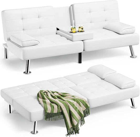 Homall Futon Sofa Bed Leather Futon Couch with Removable Armrests Adjustable Recliner Sleeper Sofa Bed with Dual Cup Holders for Living Room Apartment Office (White)