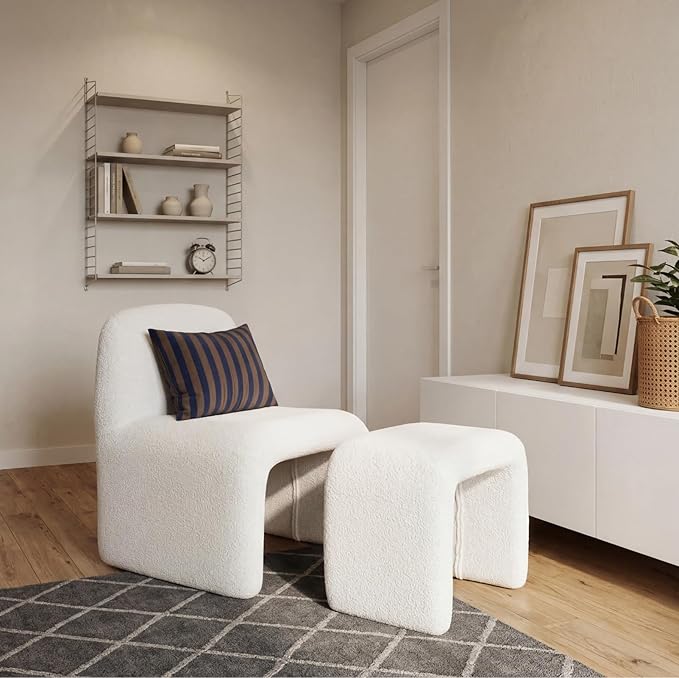 Modern Accent Living Room Chair with Ottoman Upholstered Boucle Lounge Chair Set Comfy Side Reading Chair for Living Room Bedroom Apartment Office White