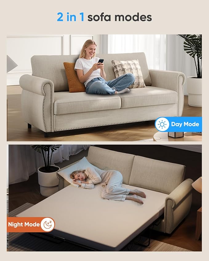 2 in 1 Sofa Bed Queen Size Linen Fabric Pull Out Couch with Folding Foam Mattress Convertible Loveseat Sleeper Sofa with Nailhead Trim for Living Room Bedroom Apartment-Beige