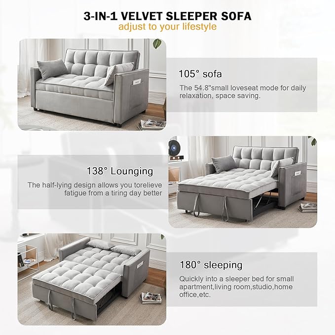 Velvet Convertible Sleeper Sofa 3-in-1 Pull Out Couch Bed with PillowsAdjustable BackrestStorage Pockets with Armrests for Living Room &amp Bedroom (Grey)