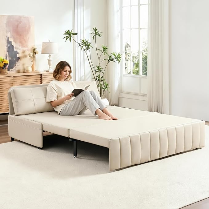 ijuicy 3 in 1 Queen Size Pull Out Sofa Bed Leathaire Sleeper Sofa with Pullout Bed Convertible Loveseat Couch with Pillows and Tri-fold Mattress for Small Spaces Apartment Beige