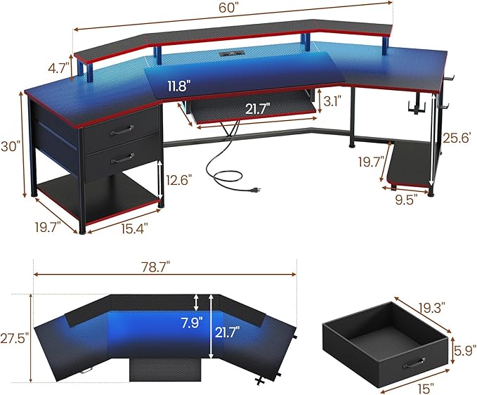 Itaar 79 Gaming Desk with 2 Fabric Drawers Long Computer Desk with Power Strip &amp LED Lights U Shaped Desk wtih Storage and Cup Holder Large Gaming Table for Bedroom Carbon Fiber Black+Red