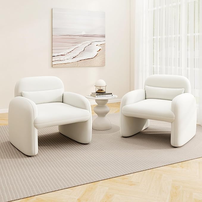 Giantex Set of 2 Accent Chairs for Living Room Modern Sherpa Fabric Upholstered Armchair w/Waist Pillow Comfy Reading Chair w/Armrests Small Single Sofa for Bedroom Reception Office White