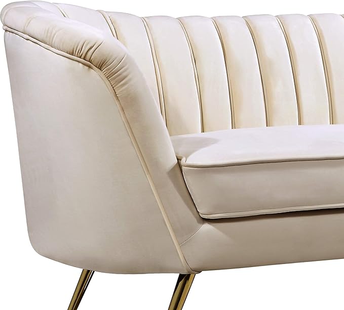 Meridian Furniture Margo Collection Modern | Contemporary Velvet Upholstered Loveseat with Deep Channel Tufting and Rich Gold Stainless Steel Legs Cream 65 W x 30 D x 33 H