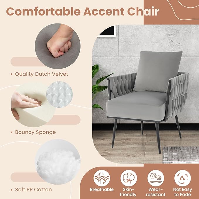 Giantex Velvet Accent Chair with Ottoman Modern Comfy Arm Chair w/Solid Metal Frame Pillow Max Load 330 Lbs Upholstered Single Sofa Chair w/Footrest Reading Chair for Bedroom Living Room Grey