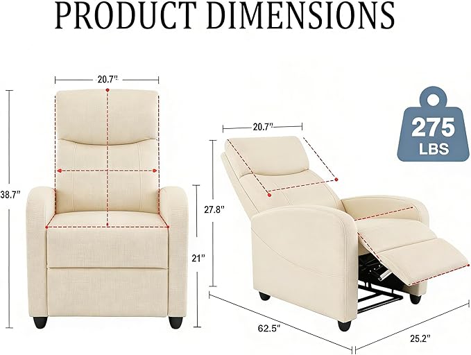 Simple Deluxe Massage Recliner Chair - Adjustable PU Leather Recliner Luxe Reading Chair &amp Sofa Chair for Living Room Chairs or Bedroom Chair Small Recliner for Home Theater Beige