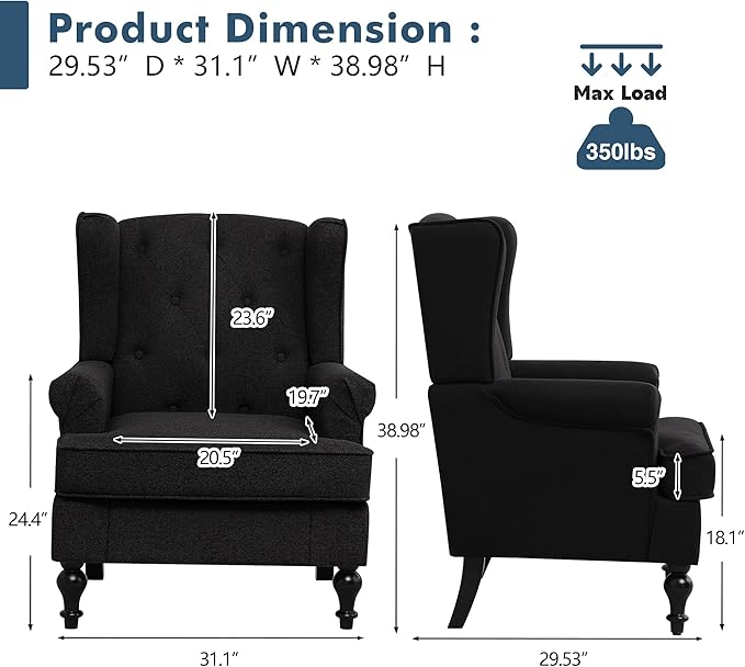 Accent Chair Set of 2 Mid Century Modern Fabric Wingback Chair Upholstered Armchair with High Back and Vintage Legs Comfy Single Sofa Side Reading Chair for Living Room Bedroom Black