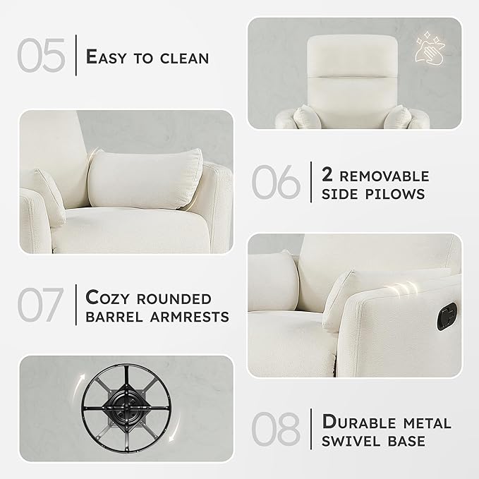 Lexicon Modern Swivel Glider Recliner Chair - Quiet 360 Swivel Chair Durable Microfiber Upholstered 2 Pillows Manual Reclining for Living Room Small Spaces Nursery Apartment Bedroom Beige