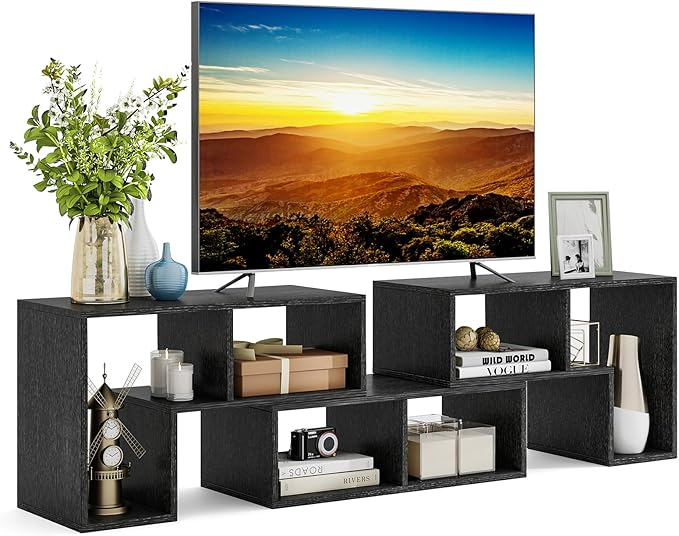Tangkula 3 Pieces Console TV Stand Free-Combination Entertainment Center for 50 55 60 65 Inch TV Minimalist Modern TV Table Media Stand DIY Open Storage Bookcase for Living Room (Black Wood Grain)
