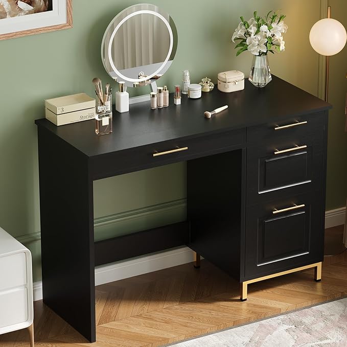 4 EVER WINNER Black Desk with Drawers 43 Inch Writing Desk with Storage File Cabinet and Golden Handle Home Office Desk for Bedroom Black