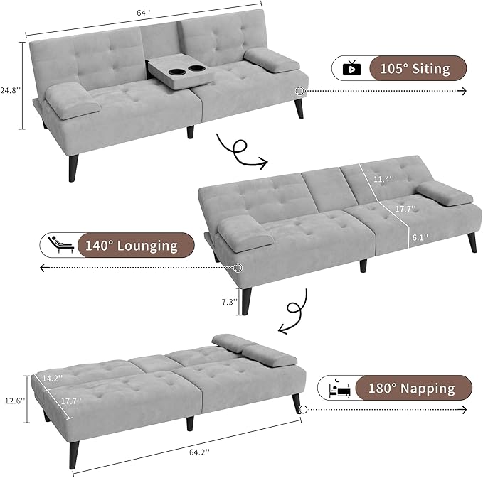 Nuturelly Convertible Sofa Bed Futon Couch Small Velvet Sleeper Sofa with Removable Armrests and Folding Cup Holders Upholstered Loveseat for Small Spaces Apartment Living Room(Light Gray)