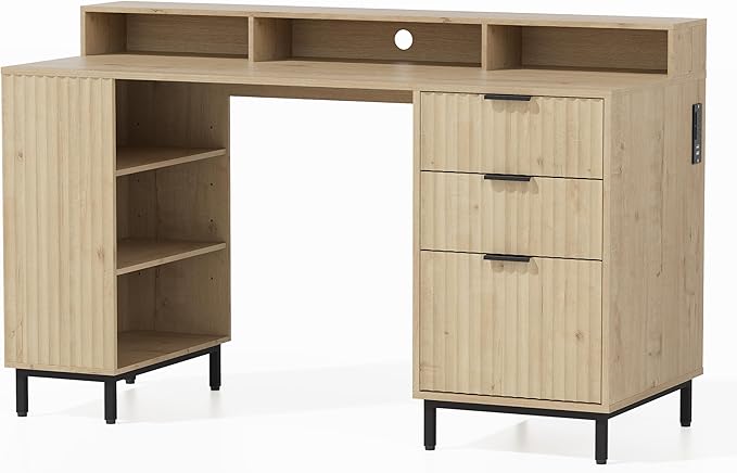 55 Fluted Executive Desk with Charging Station Modern Wood Home Office Desk with with Storage Shelf &amp File Drawer Writing Study Computer Table for Work Study Light Oak