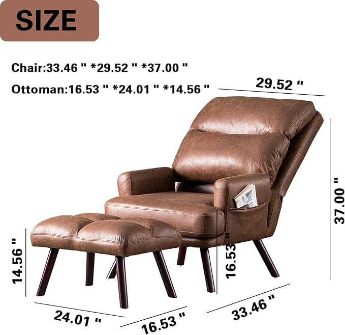 HOOOWOOO Living Room Chair Ottoman Set with Recliner Accent Chair and Ottoman with Side Bags Comfy Mid Century Modern Chair for Reading Watching NappingDark Brown Faux Suede Chair