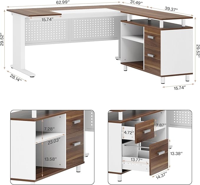 Tribesigns 63 Inch Executive Desk with File Cabinet L Shaped Office Desk with Drawers and Storage Shelves Business Furniture Set Workstation for Home Office White and Walnut