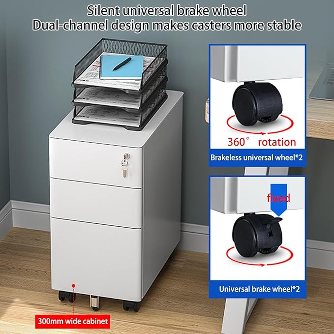 Under Desk Mobile File Cabinet 3 Drawer Filing Cabinet with Lock File Cabinets for Home Office Can Be Stored for A4-Size/Letter Organize Your Home Office Modern File Cabinet