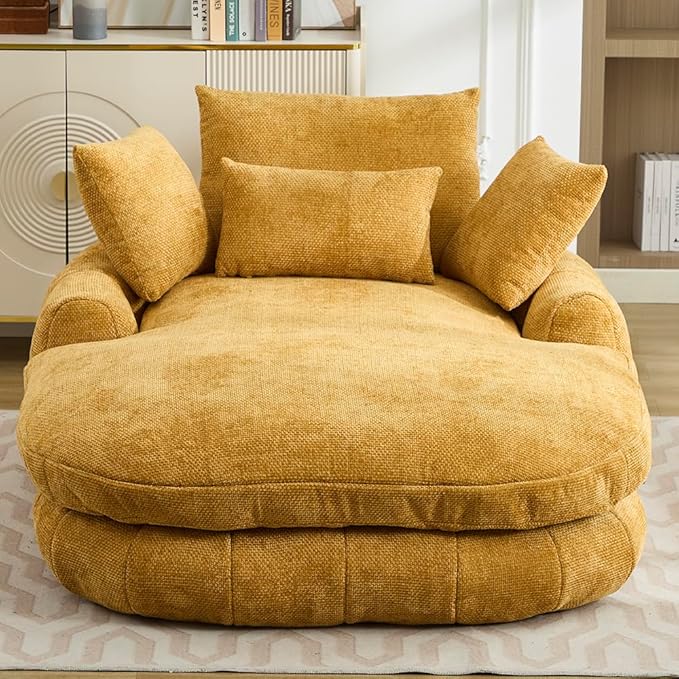 Oversized Chaise Lounge Indoor Deep Seat Boneless Sofa Bed with Throw Pillows Plush Chenille Fabric No Assembly Required Comfy Sleeper Sofa for Living Room Bedroom (YELLOW Without pocket)