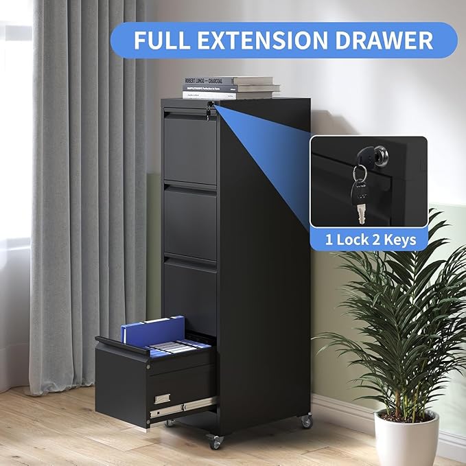 4 Drawer File Cabinet with Wheels Metal Mobile Filing Cabinets with Lock Vertical File Cabinet for Home Office Rolling Storage Cabinet for A4/Letter/Legal Size File Assembly Required Black