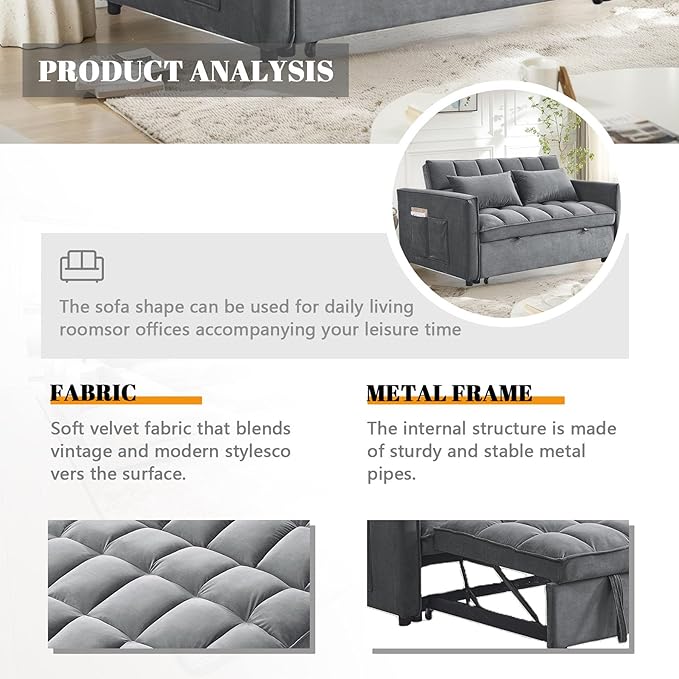 54 Convertible Sofa Bed Velvet Sleeper Sofa with Pull-Out Bed 3-in-1 Futon Couch with Reclining Backrest and Side Pocket Modern Loveseat for Living Room (Medium Grey)