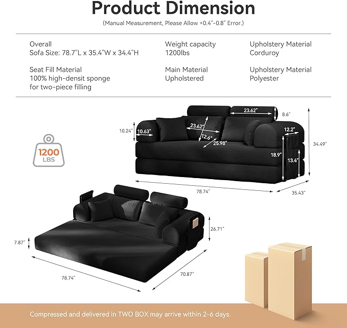 79'' Upgrade High Backrest Sofa Bed with Fixed Frame Removable Armrests &amp Backrest Corduroy Fabric Convertible Couch for Small Spaces No Assembly Needed (High Backrest Black)