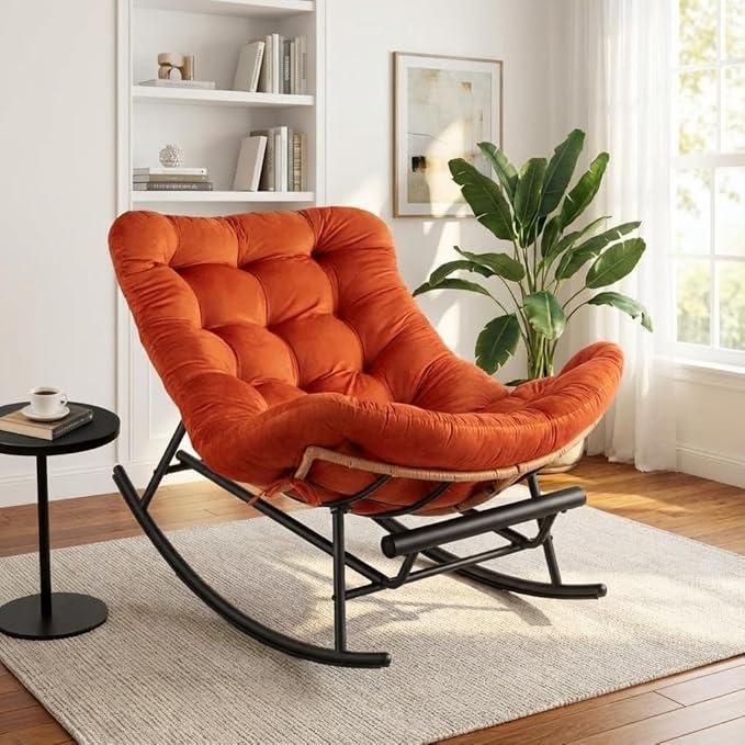 GAOMON Papasan Rocking Chair with Foot Rest Papasan Chair with Thick Removable Cushion and Metal Frame Lounge Chairs and PE Rattan Rocker for Patio Garden Lawn Living Room and Relaxation Space