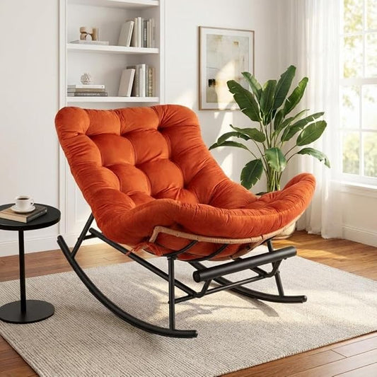 GAOMON Papasan Rocking Chair with Foot Rest Papasan Chair with Thick Removable Cushion and Metal Frame Lounge Chairs and PE Rattan Rocker for Patio Garden Lawn Living Room and Relaxation Space