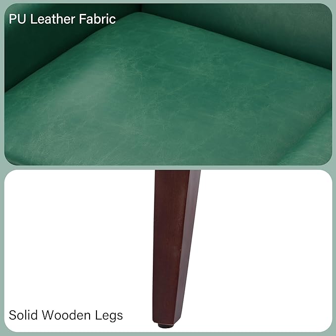 Accent Chair Mid-Century Modern PU Leather Chairs with Arms for Living Room Comfy Upholstered Club Single Sofa Armchair for Bedroom Waiting Room with Solid Wood Frame（Leather Green Set of 2)