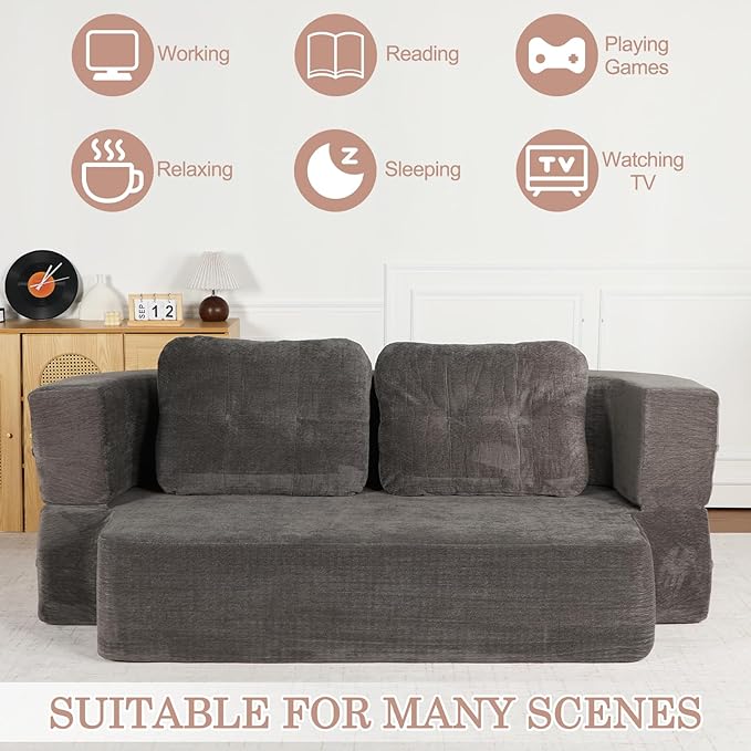 Folding Sofa Bed 78.7 Extra-Long Convertible Sofa Bed with 2 Pillows &amp Blanket 14.6 Thick High-Density Foam Boneless Couch for Bedroom Living Room Apartment Grey