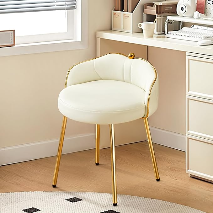 Cute Vanity Chair with Back Small Armless Leather Makeup Desk Chair No Wheels Modern Swivel Accent Vanity Stools with Gold Legs for Vanity Bedroom Dress Room Beige