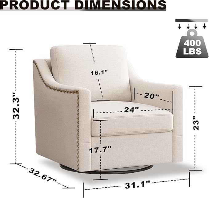 Swivel Accent Chairs for Living Room 360° Swivel Upholstered Club Armchairs with Nailhead Trim Metal Swivel Base Linen-Textured Fabric – White
