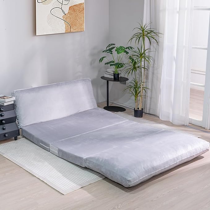 Tantohom Floor Sofa Bean Bag Bed Foam Filling Fold Full Mattress with Washable Soft Faux Fur Cover Couch for Bedroom Living Room (Grey Large)