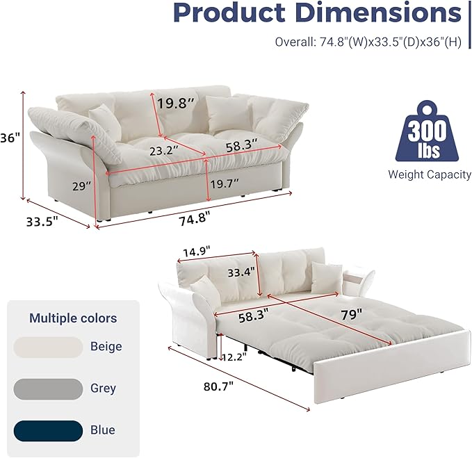 74.8 Queen Size Sleeper Sofa with Pull Out Bed 3-in-1 Convertible Loveseat Sofa with 2 Pillows Portable Pull Out Chaise for Living Room Apartment Small Spaces Beige