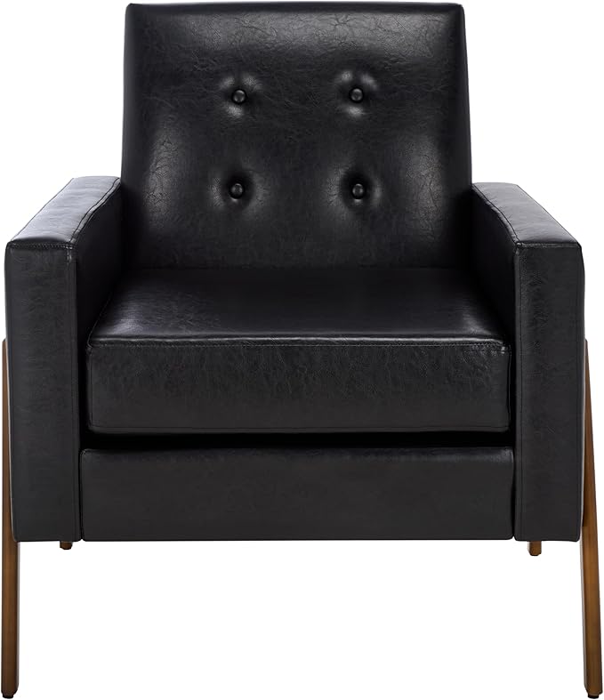 SAFAVIEH Home Collection - Roald Accent Chair Black Faux Leather Tufted Seat &amp Antique Brown Solid Wood Frame (ACH6209D)