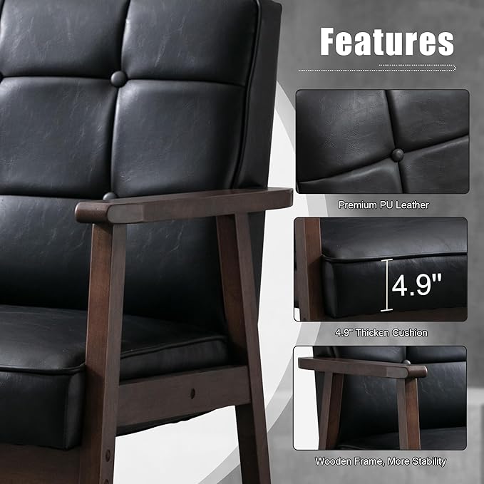 Okeysen Mid Century Modern Accent Chair Retro Wood and Leather Armchairs Side Chair Lounge Reading Comfy Arm Chair for Living Room Bedroom Office (Matte Black)