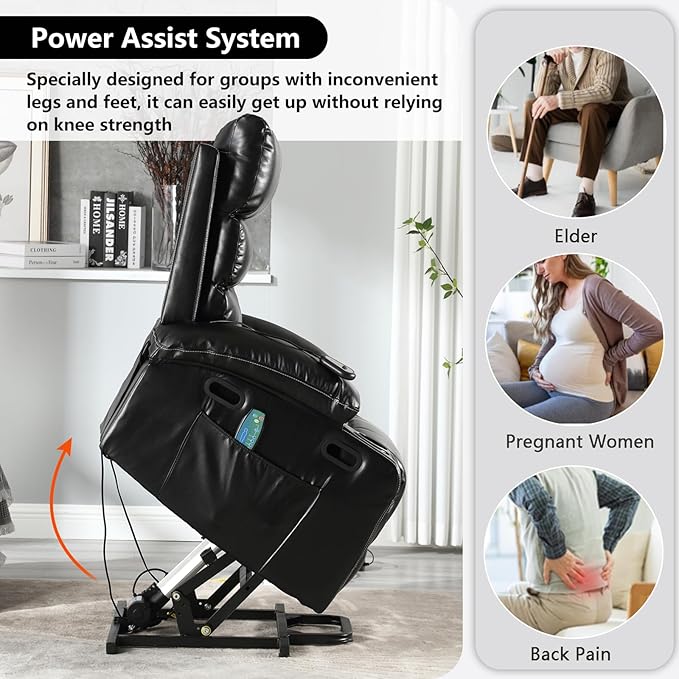 Faux Leather Electric Recliner Lift Chair with Massage and Heat for Elderly Adult Power Lift Recliners Chairs with Cupholders Side Pockets for Living Room Bedroom Lounge