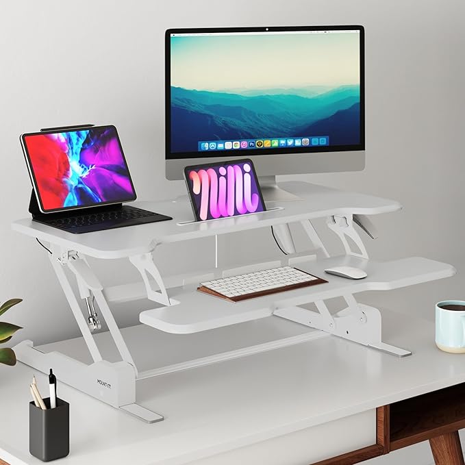 Mount-It! Standing Desk Converter White 38” Wide Height Adjustable Stand Up Desk Riser Desk Topper with Gas Spring Desktop Standing Desk with Keyboard Tray Fits Two Monitors