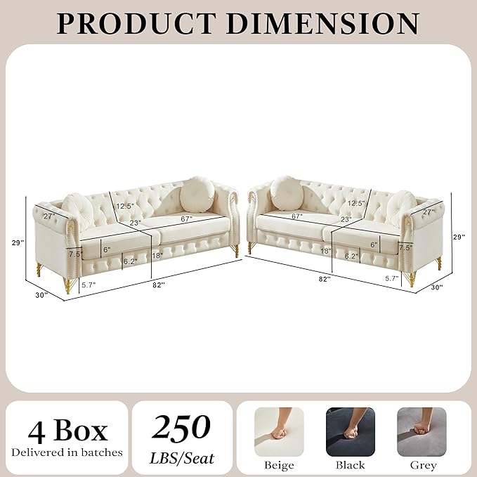 2 Pieces Beige Velvet Chesterfield 82 3-Seater Sofa Sets with Two Pillows Featuring Copper Stud Detailing (Beige 2 Pieces 82 3-Seater Sofa Sets)